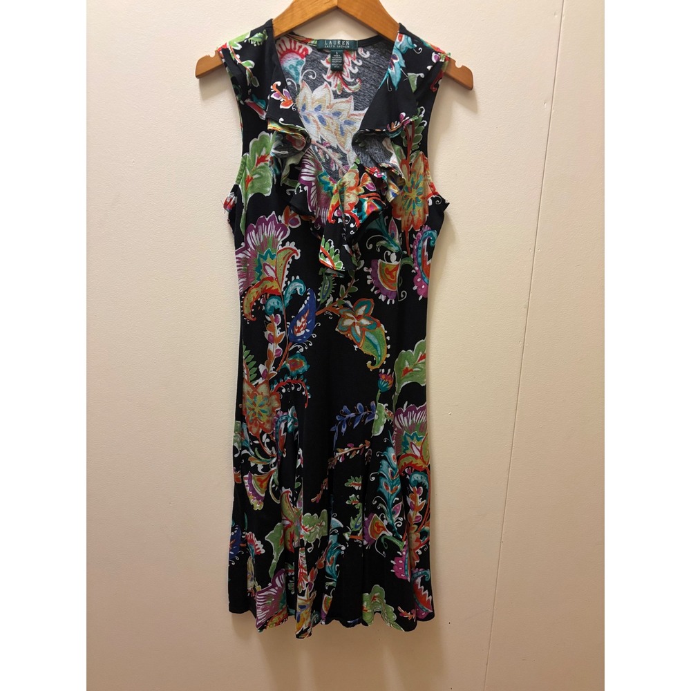 Lauren Ralph Lauren Black Floral Paisley Ruffle Neck Cotton Midi Dress Small